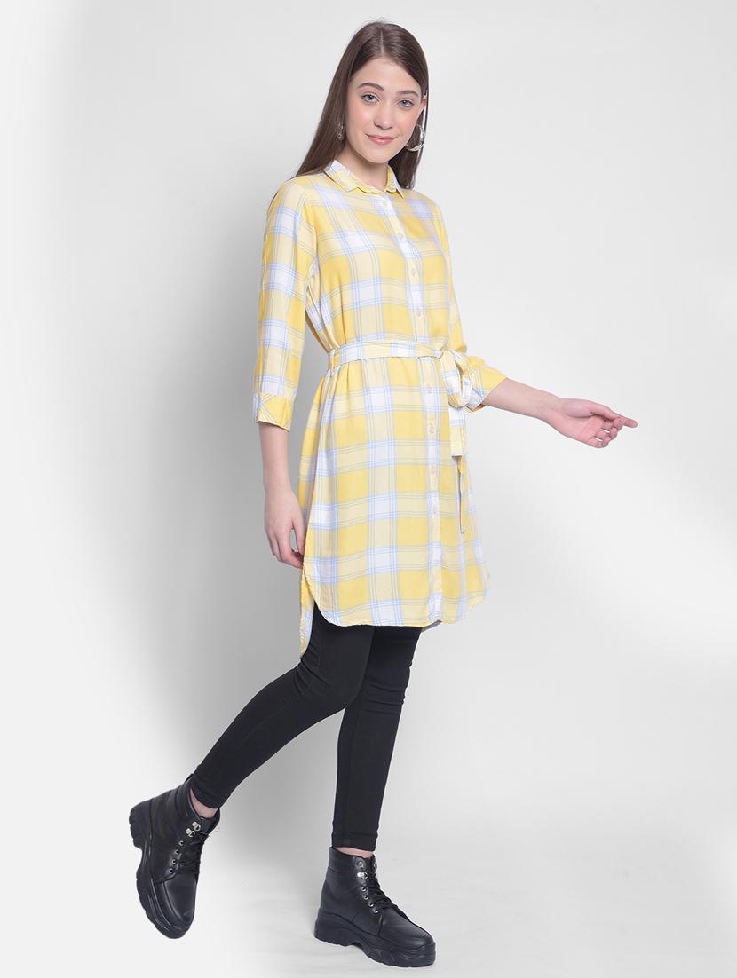 women yellow lyocell checked shirt dress - 20512724 - Standard Image - 2