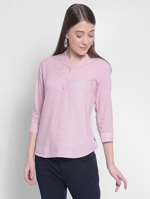 women solid mandrain neck regular top - 20512756 -  Standard Image - 0