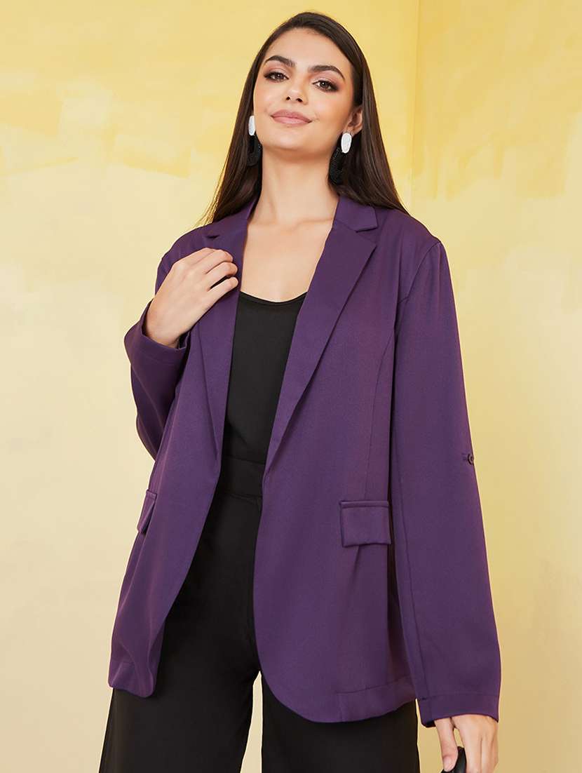 women purple polyester formal blazer