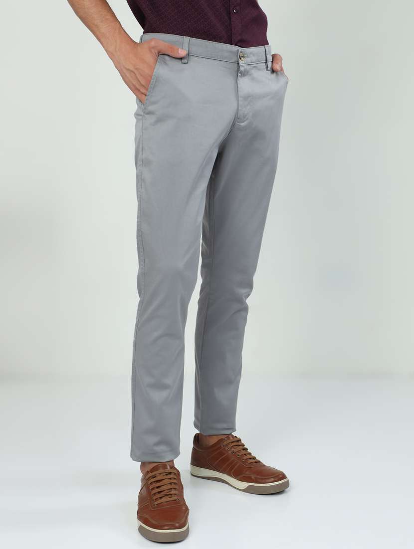 men solid grey cotton slim fit casual trouser - 20519636 -  Standard Image - 2