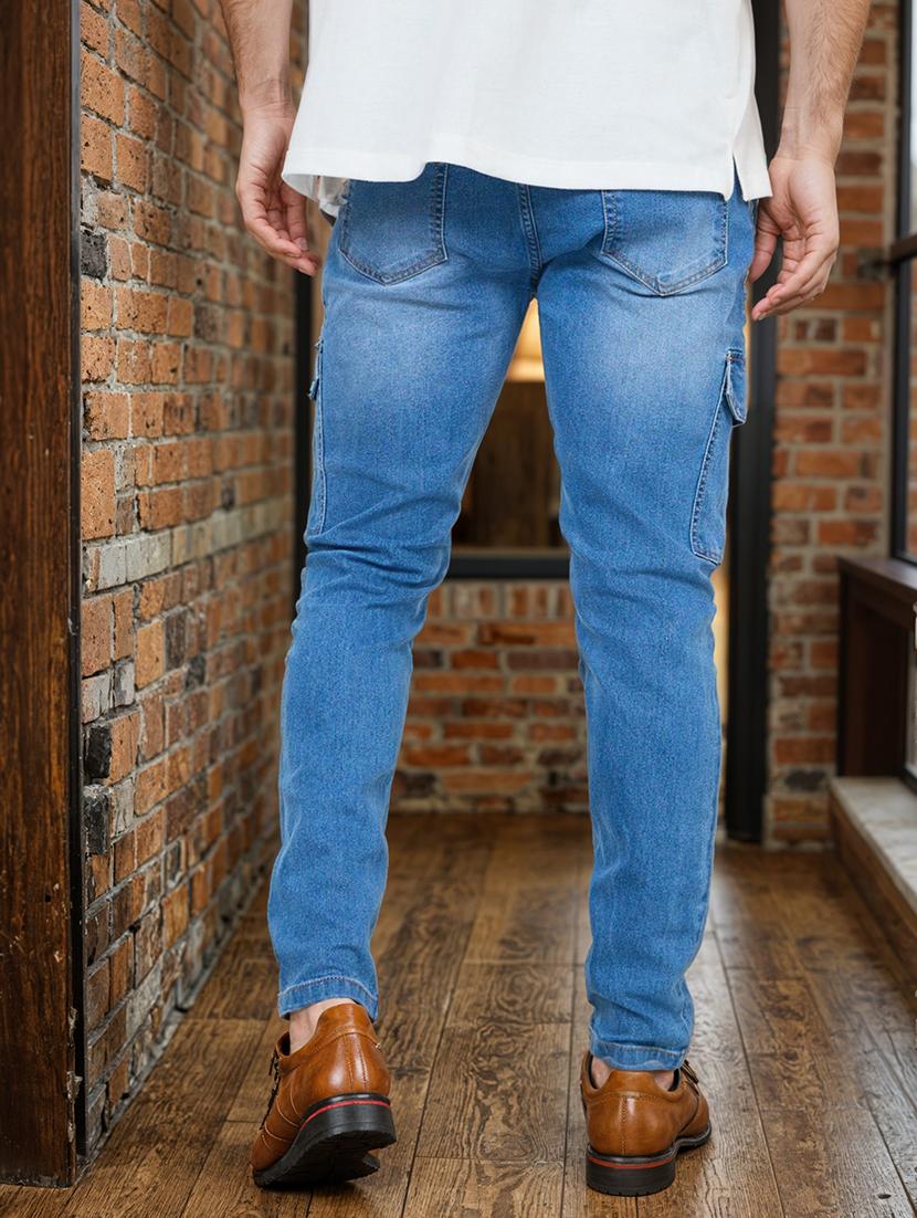 men solid blue cargo plain jeans - 20519938 - Standard Image - 2