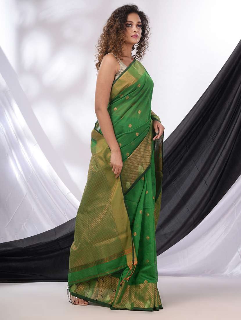 green cotton blend handloom saree with blouse - 20522137 -  Standard Image - 2