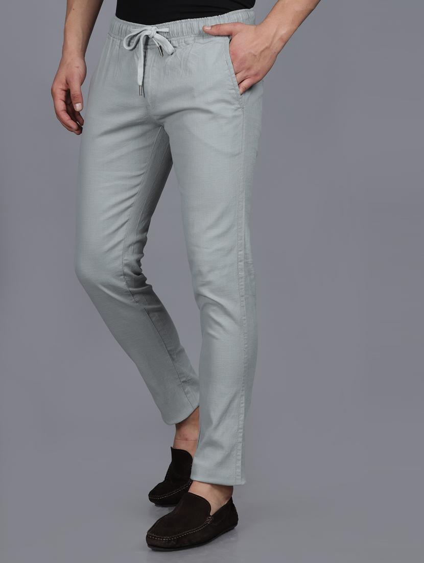 men solid grey linen slim fit casual trouser - 20522451 - Standard Image - 2