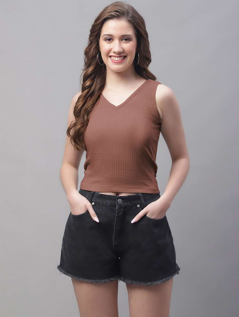 brown solid crop top