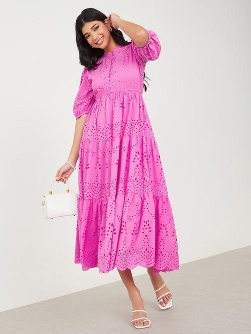 women pink solid puff sleeve midi dress - 20533364 -  Standard Image - 0