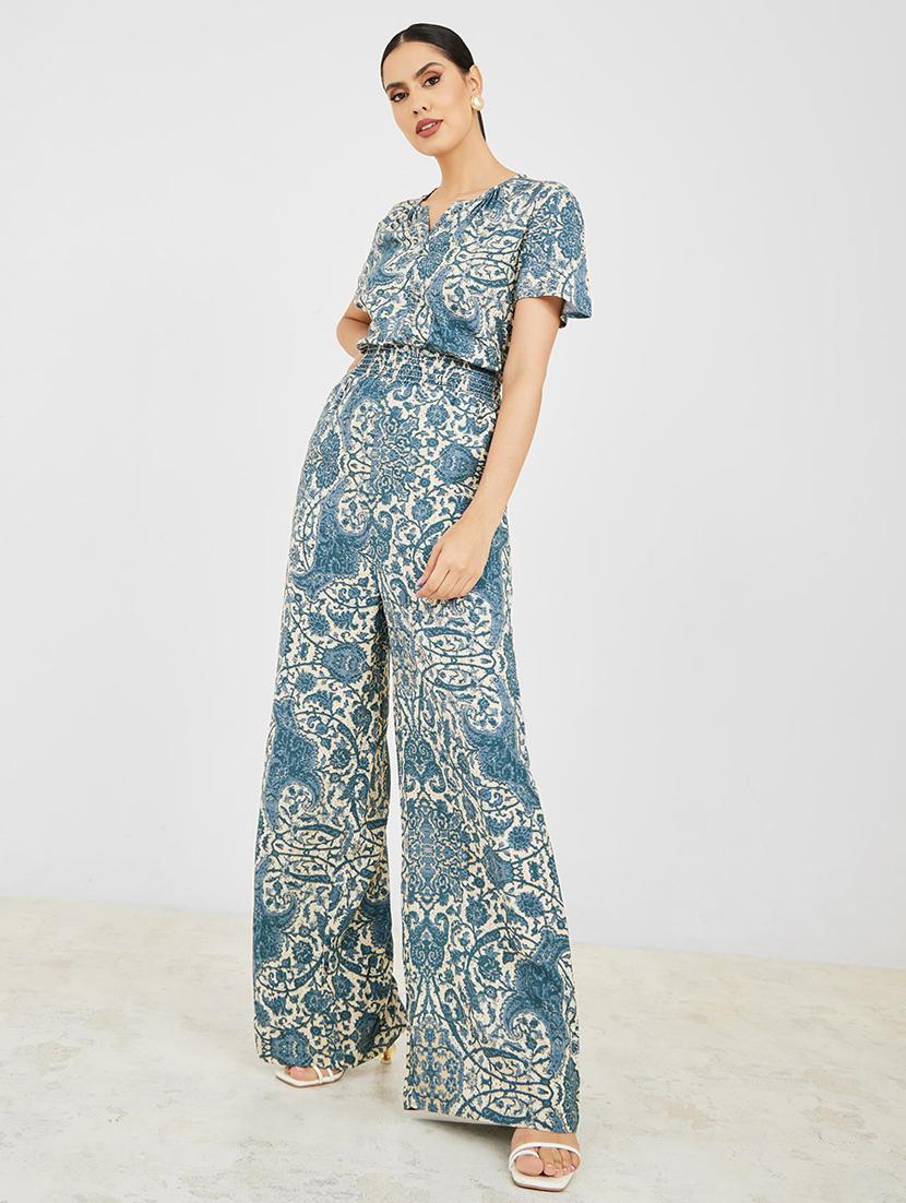 white & blue viscose full leg jumpsuit
