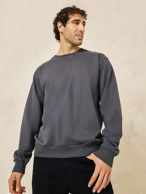 men grey solid round neck sweatshirt - 20533583 -  Standard Image - 0