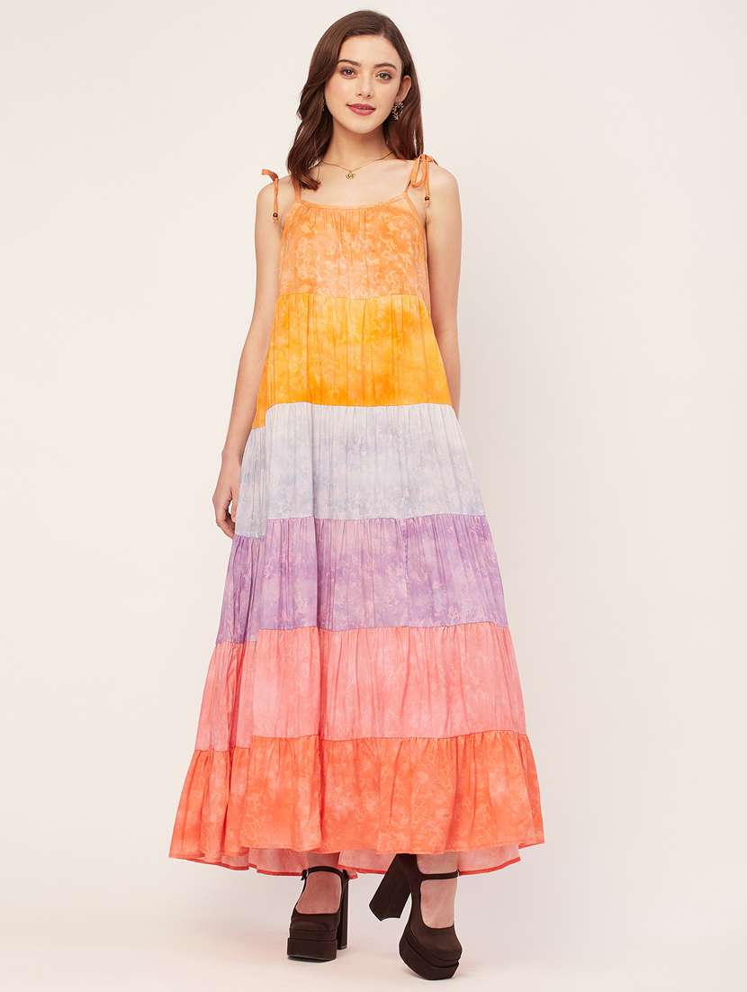 multi colored rayon tiered maxi dress