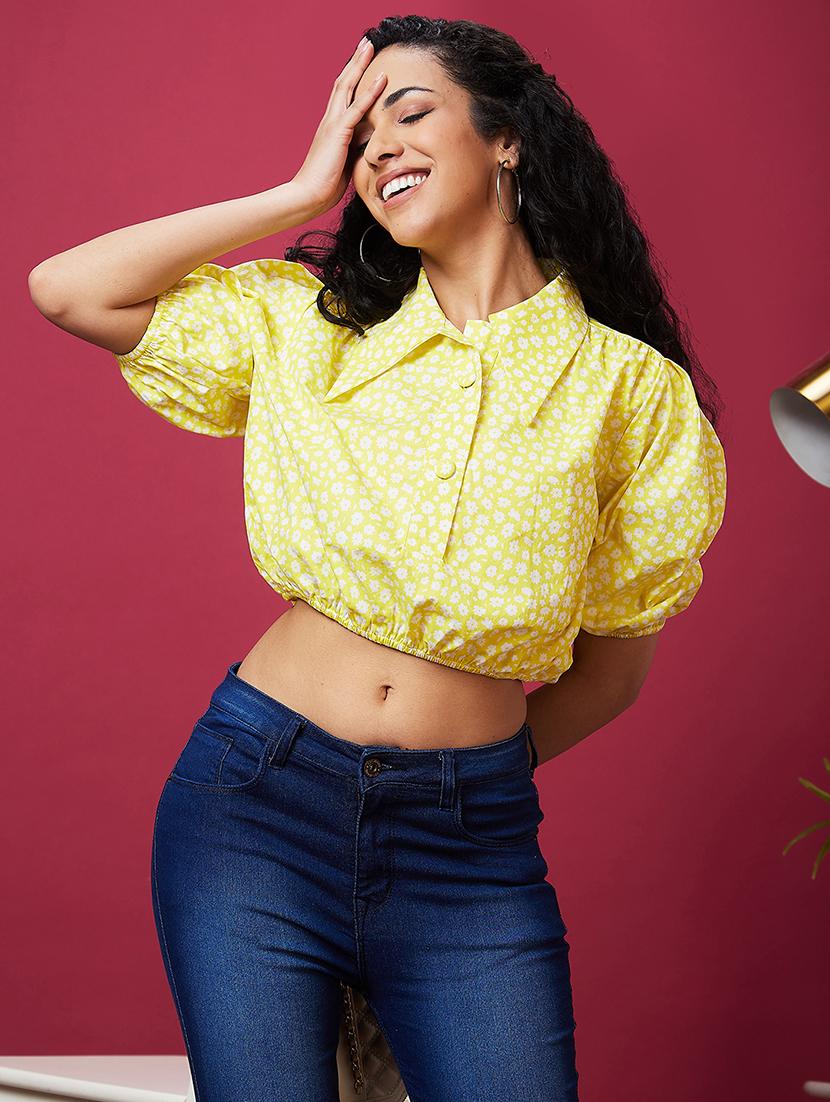 yellow floral printed crop top - 20534025 - Standard Image - 2