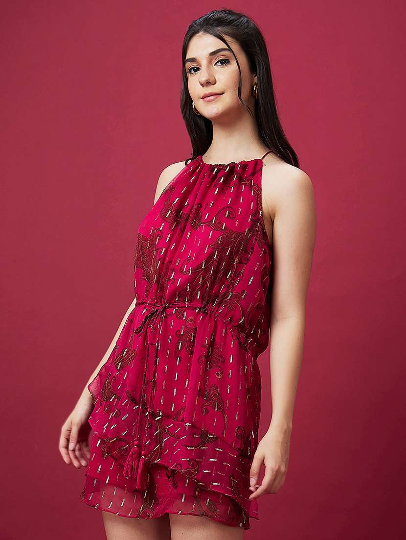 globus women pink halter neck ethnic print waist tie-ups a-line mini party dress - 20534220 - Standard Image - 2