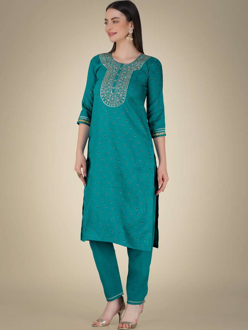 light blue cotton blend kurta pant set - 20534294 - Standard Image - 2