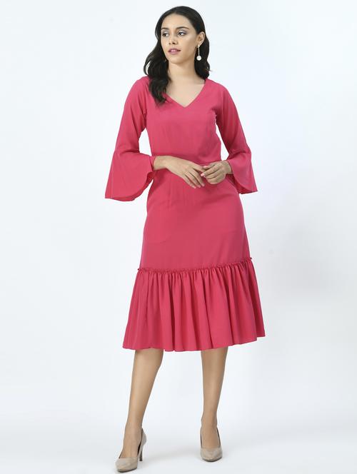 women solid bell sleeves ruffle dress - 20534378 -  Standard Image - 0
