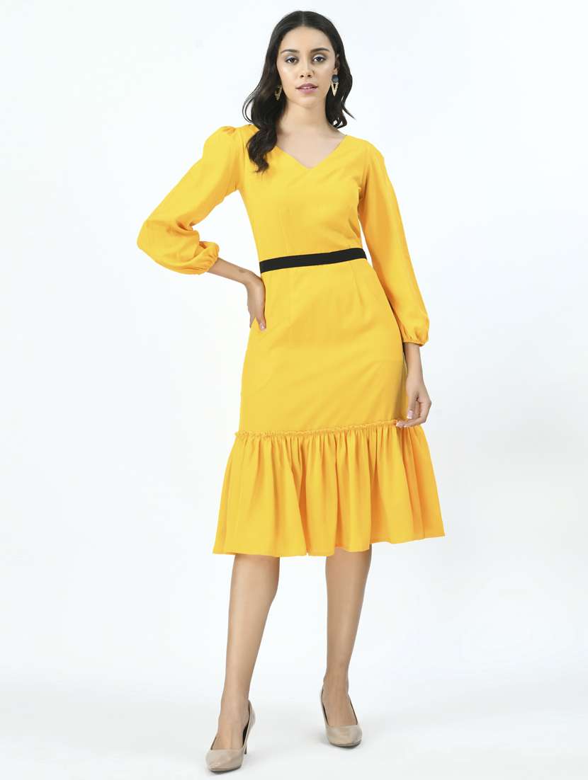 women solid bell sleeves ruffle dress