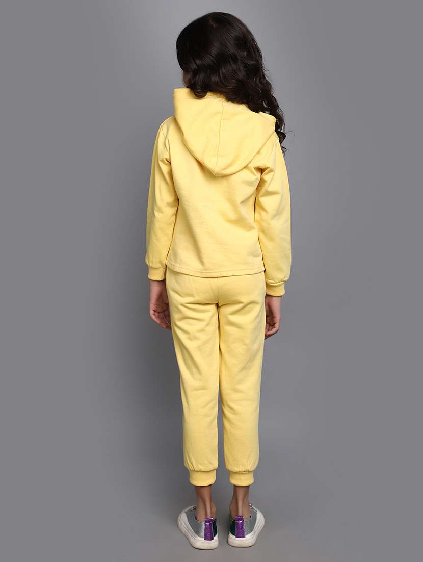 girls yellow front typographic printed hooded top & trouser set - 20534487 -  Standard Image - 2