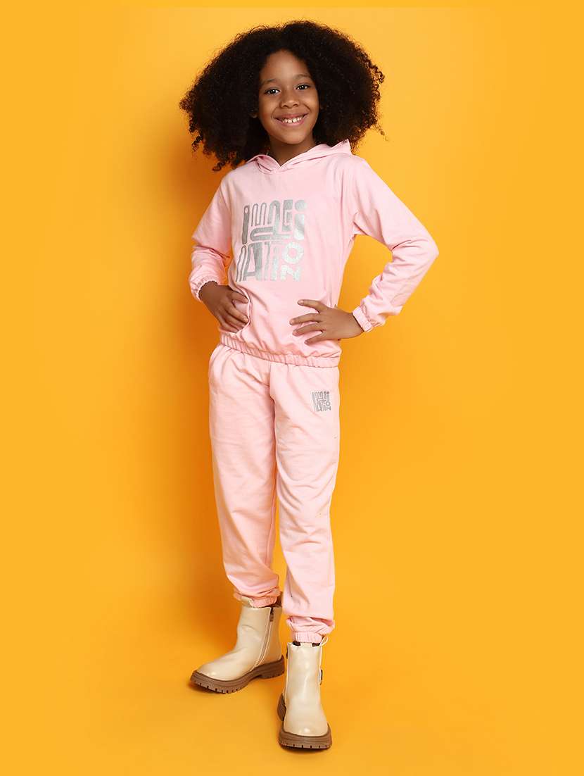 girls front typographic detailed hooded top & trouser set