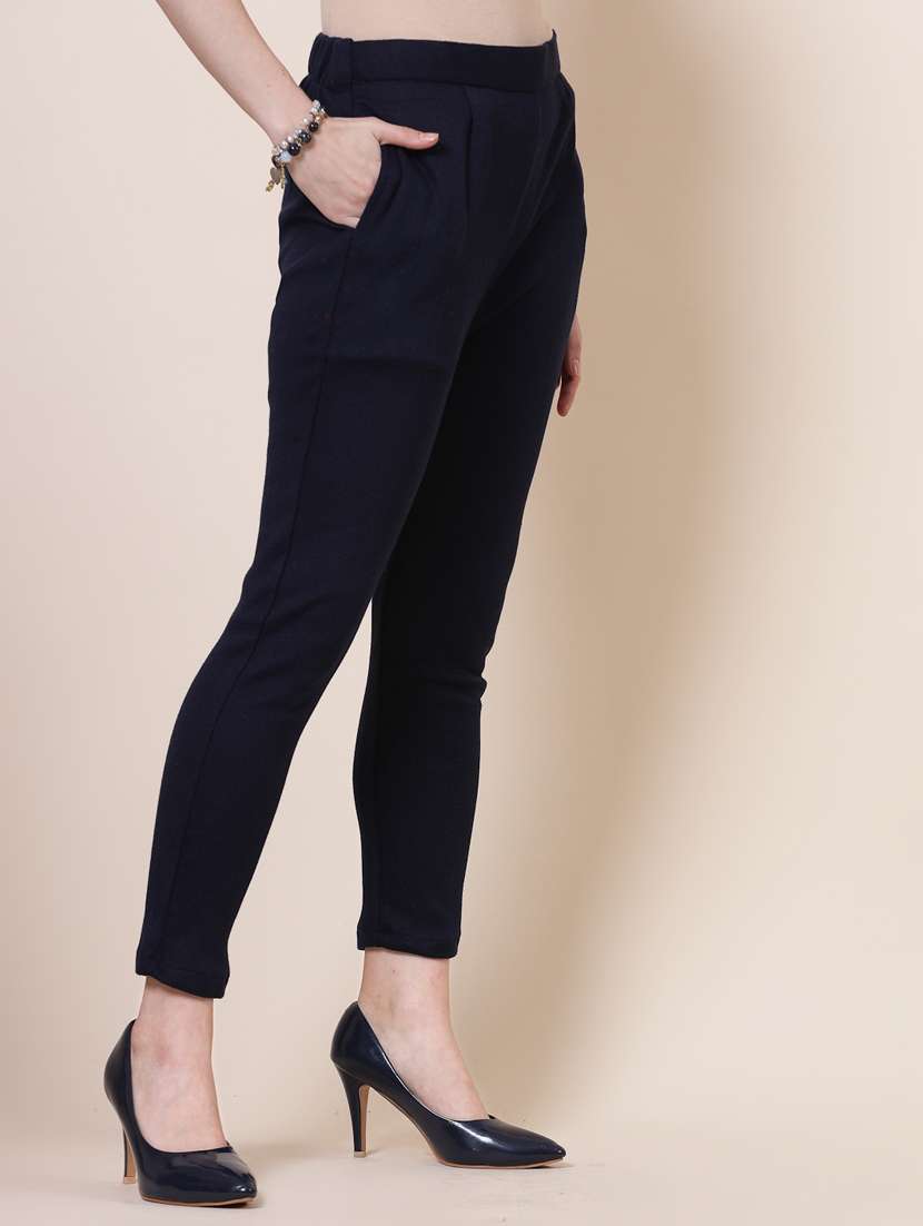 women navy blue wool flat front trouser - 20535210 -  Standard Image - 2