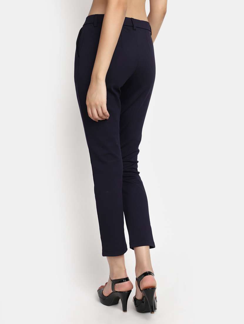 women solid navy blue flat front trouser - 20536304 -  Standard Image - 2
