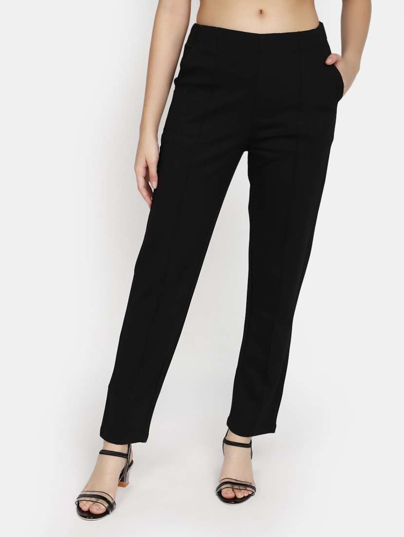 women solid black flat front trouser