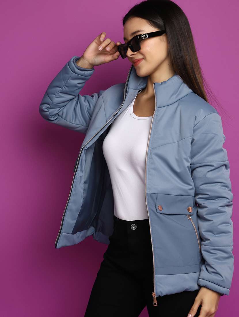 women solid stand collar bomber jacket - 20539574 -  Standard Image - 2