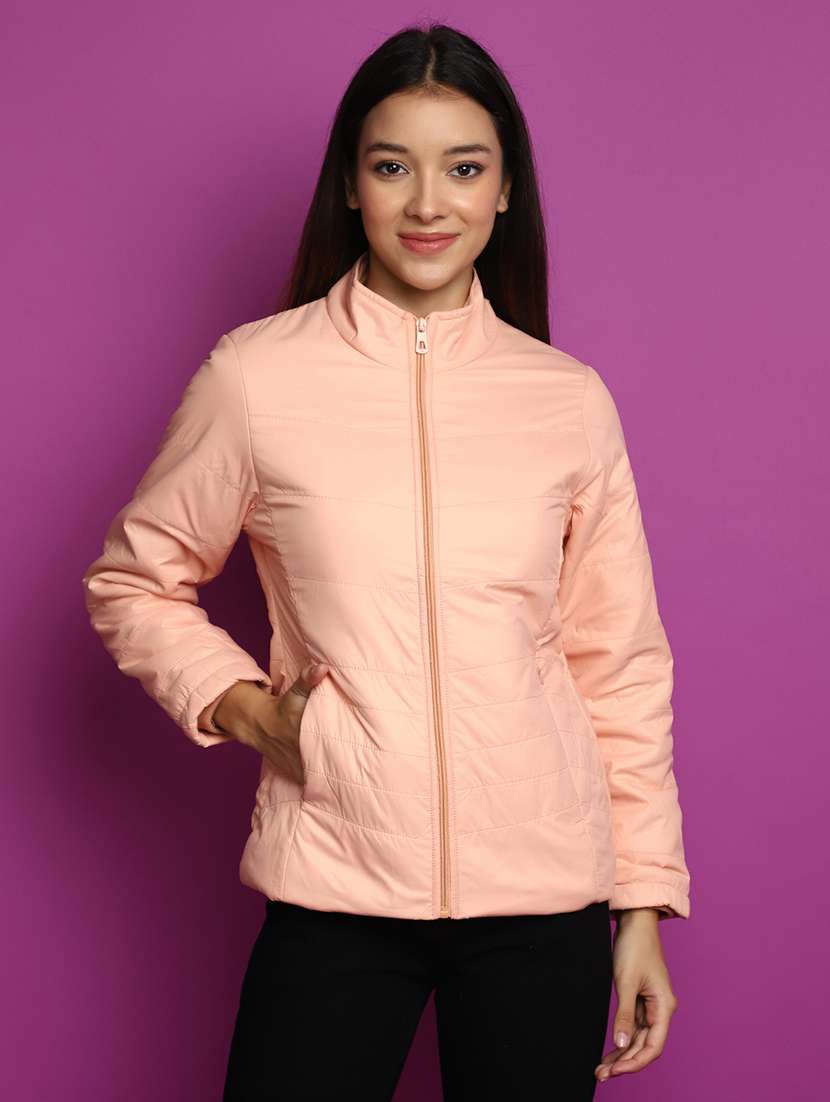 women solid stand collar quilted jacket