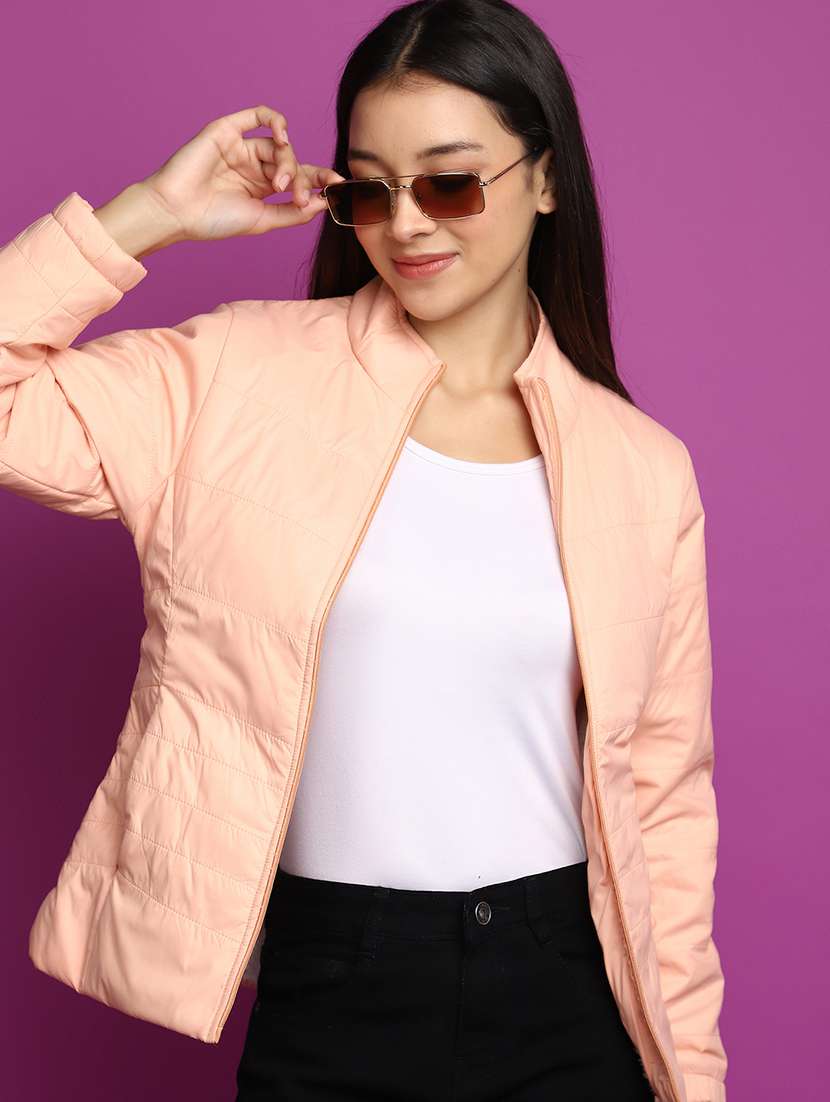 women solid stand collar quilted jacket - 20539576 -  Standard Image - 2