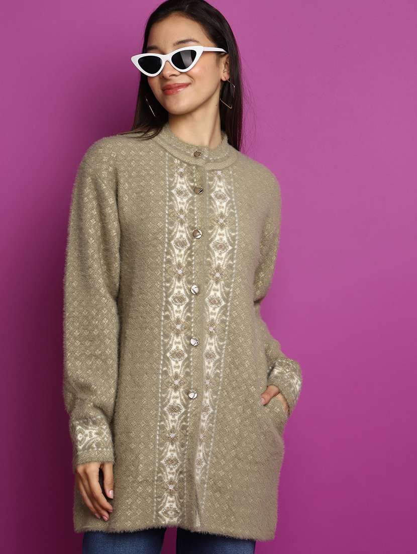 brown embellished woolen cardigan - 20541062 -  Standard Image - 2
