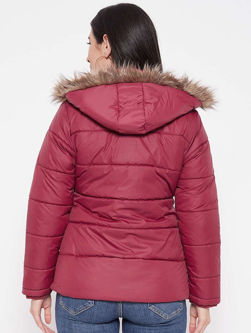 women solid fur hooded detailed parka jacket - 20542123 -  Standard Image - 2