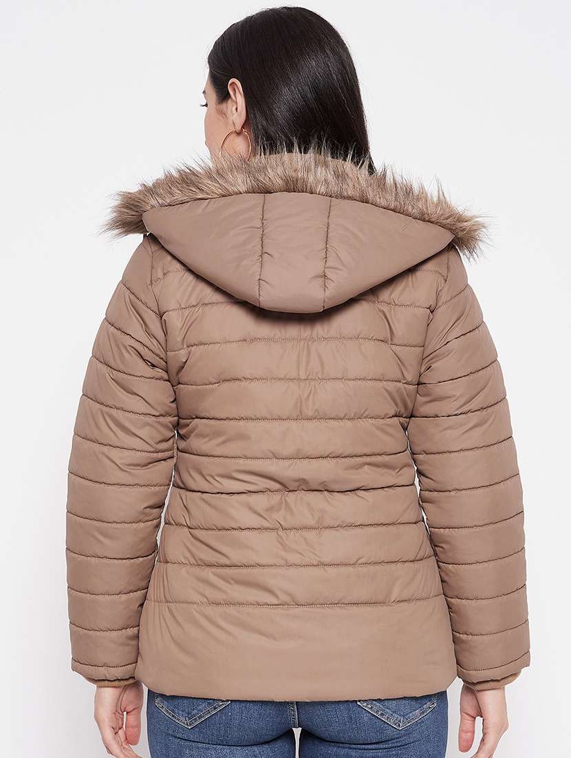 women solid fur hooded parka jacket - 20542124 -  Standard Image - 2