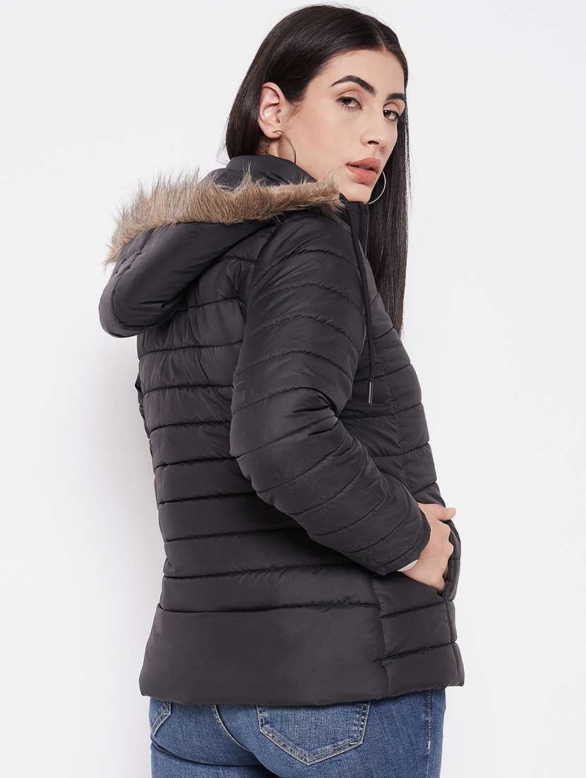 women solid fur hooded parka jacket - 20542125 -  Standard Image - 2