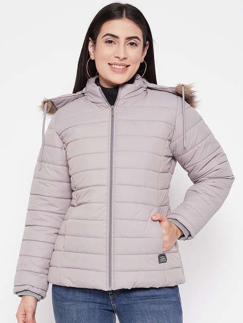women solid grey fur hooded parka jacket - 20542126 -  Standard Image - 0