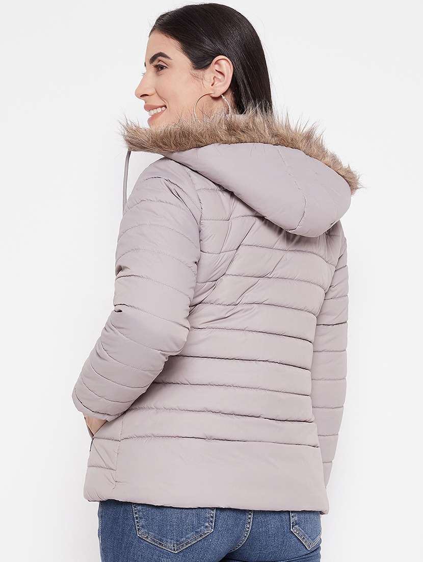 women solid grey fur hooded parka jacket - 20542126 -  Standard Image - 2