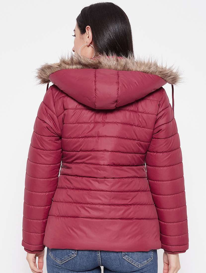 women solid fur hooded parka jacket - 20542127 -  Standard Image - 2