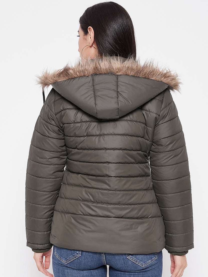 women solid fur hooded parka jacket - 20542128 -  Standard Image - 2