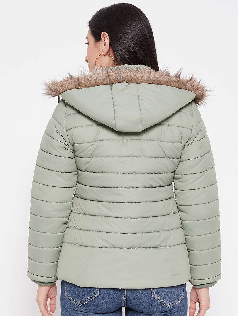 women solid fur hooded parka jacket - 20542129 -  Standard Image - 2