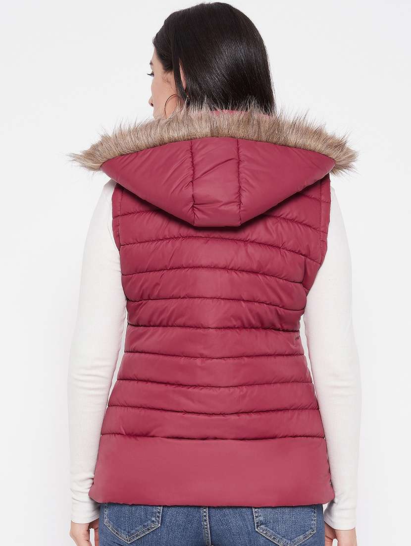 women solid fur hooded sleeveless parka jacket - 20542131 -  Standard Image - 2