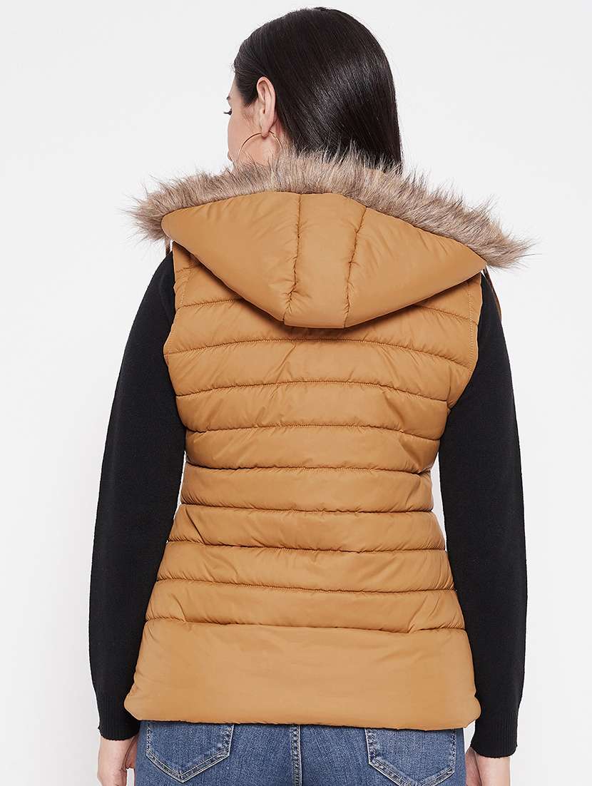 women solid fur hooded sleeveless parka jacket - 20542132 -  Standard Image - 2
