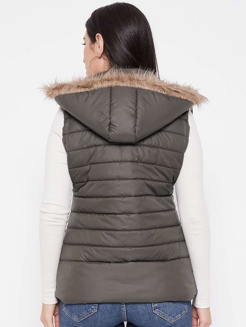 women solid fur hooded sleeveless parka jacket - 20542133 -  Standard Image - 2