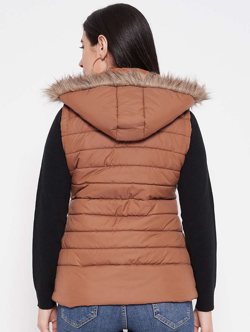 women solid fur hooded sleeveless parka jacket - 20542134 -  Standard Image - 2