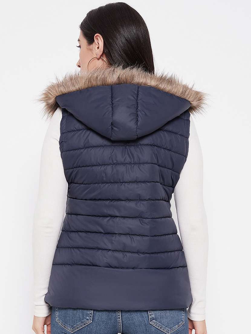 women solid fur hooded sleeveless parka jacket - 20542135 -  Standard Image - 2