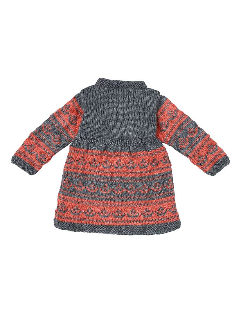 girls self design orange & grey woollen frock - 20542136 -  Standard Image - 2