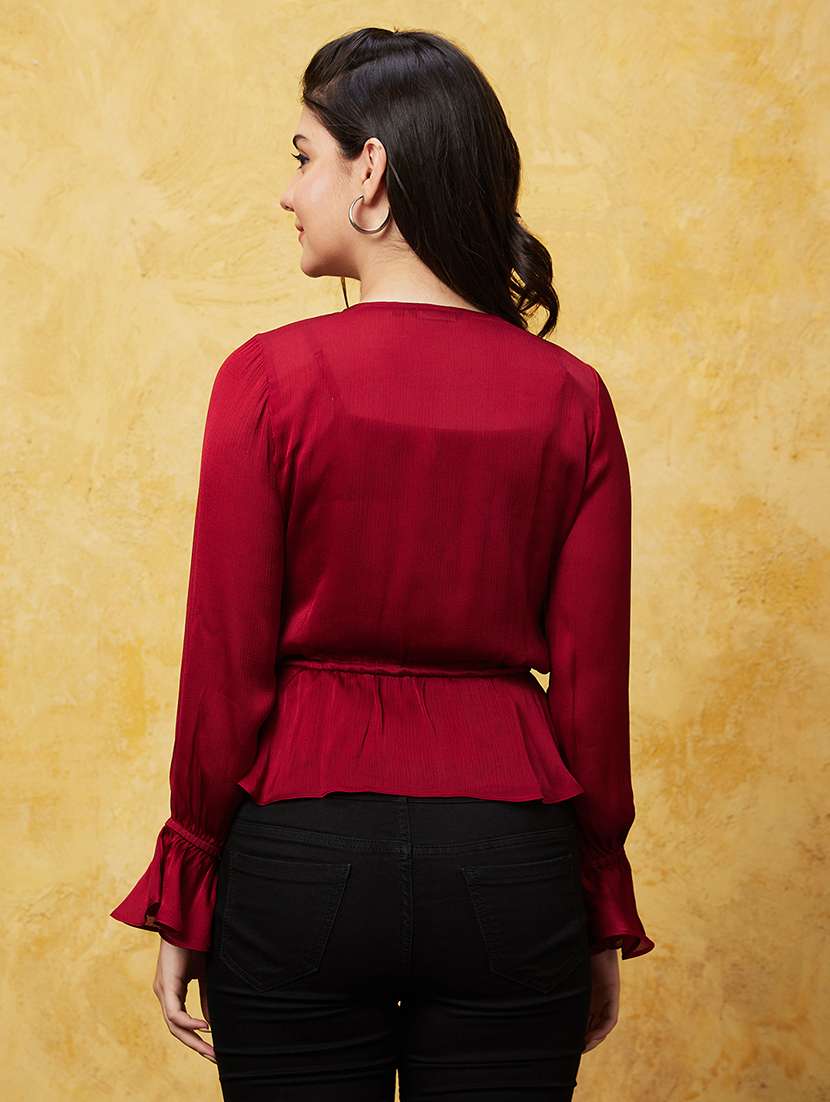 globus women red wrap neck bishop sleeves gathered waist tie-up party top - 20544770 -  Standard Image - 2