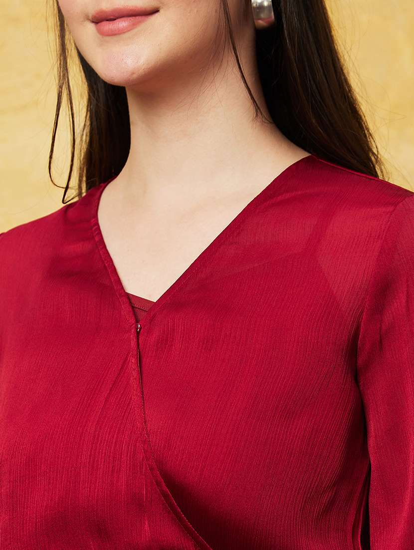 globus women red wrap neck bishop sleeves gathered waist tie-up party top - 20544770 -  Standard Image - 7
