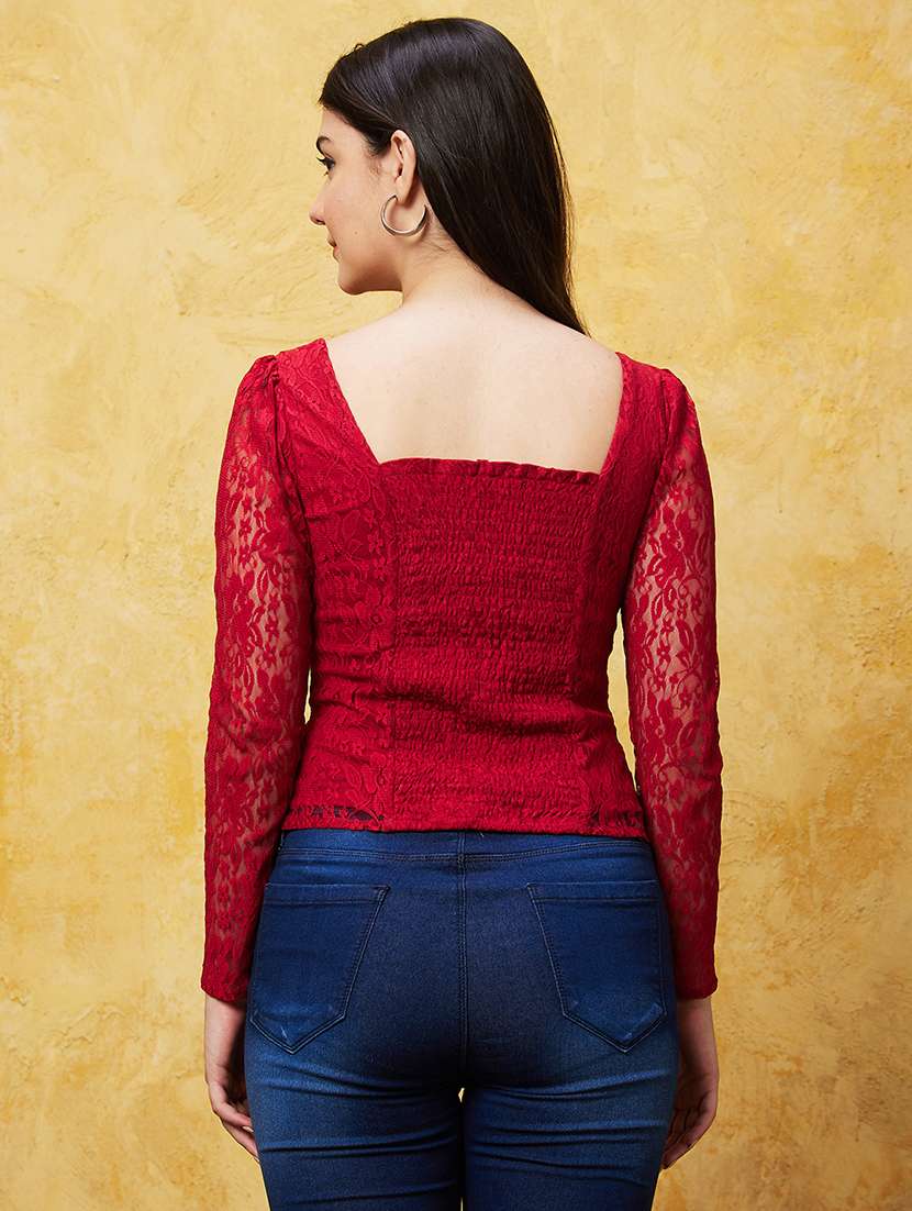 globus women red sweetheart neck puff sleeves back smocked detail panelled lace party top - 20544772 - Standard Image - 2