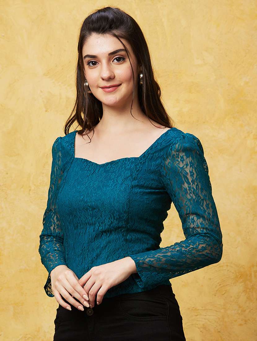 globus women teal sweetheart neck puff sleeves back smocked detail panelled lace party top