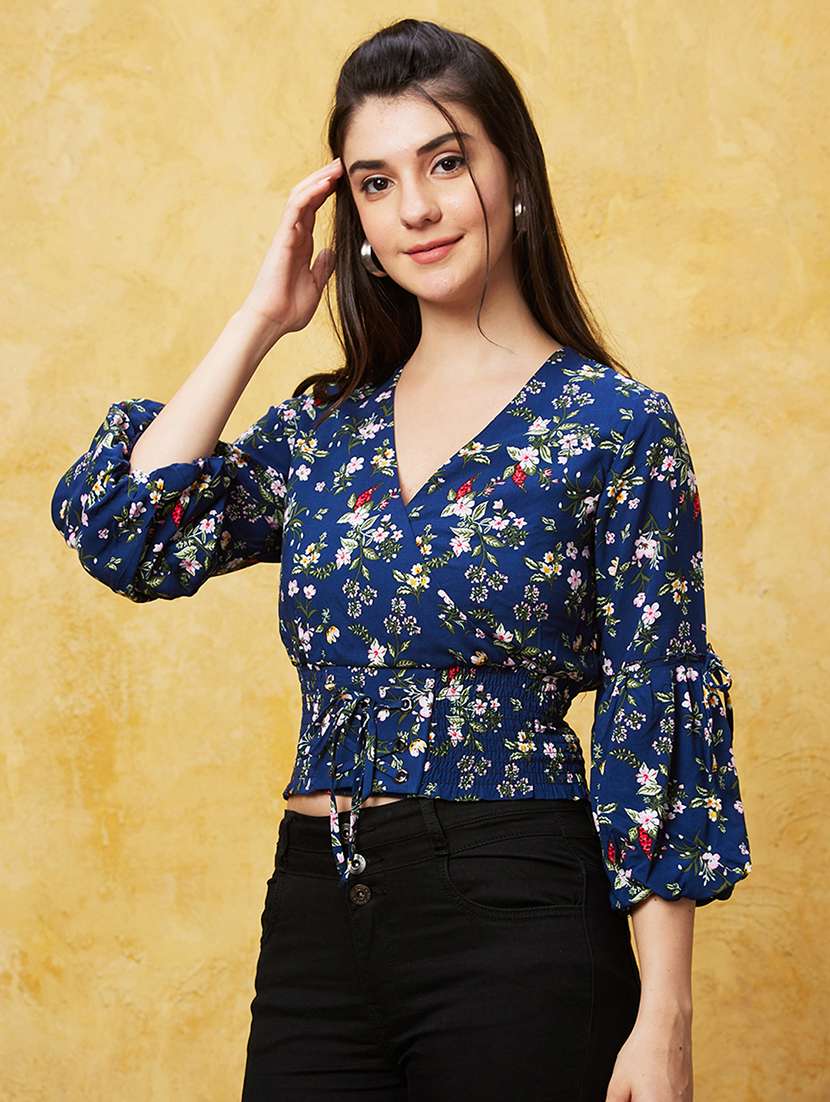 navy blue floral printed regular top