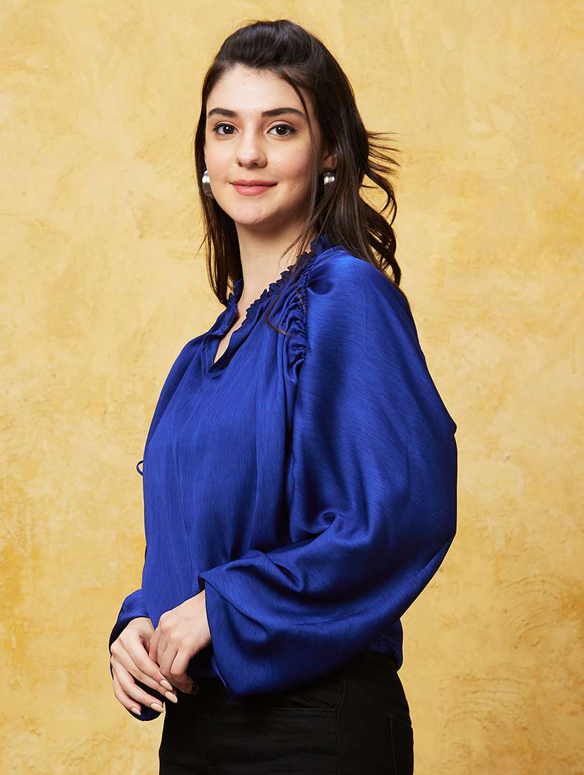 globus women blue frilled mandarin neck bishop sleeves ruched party top