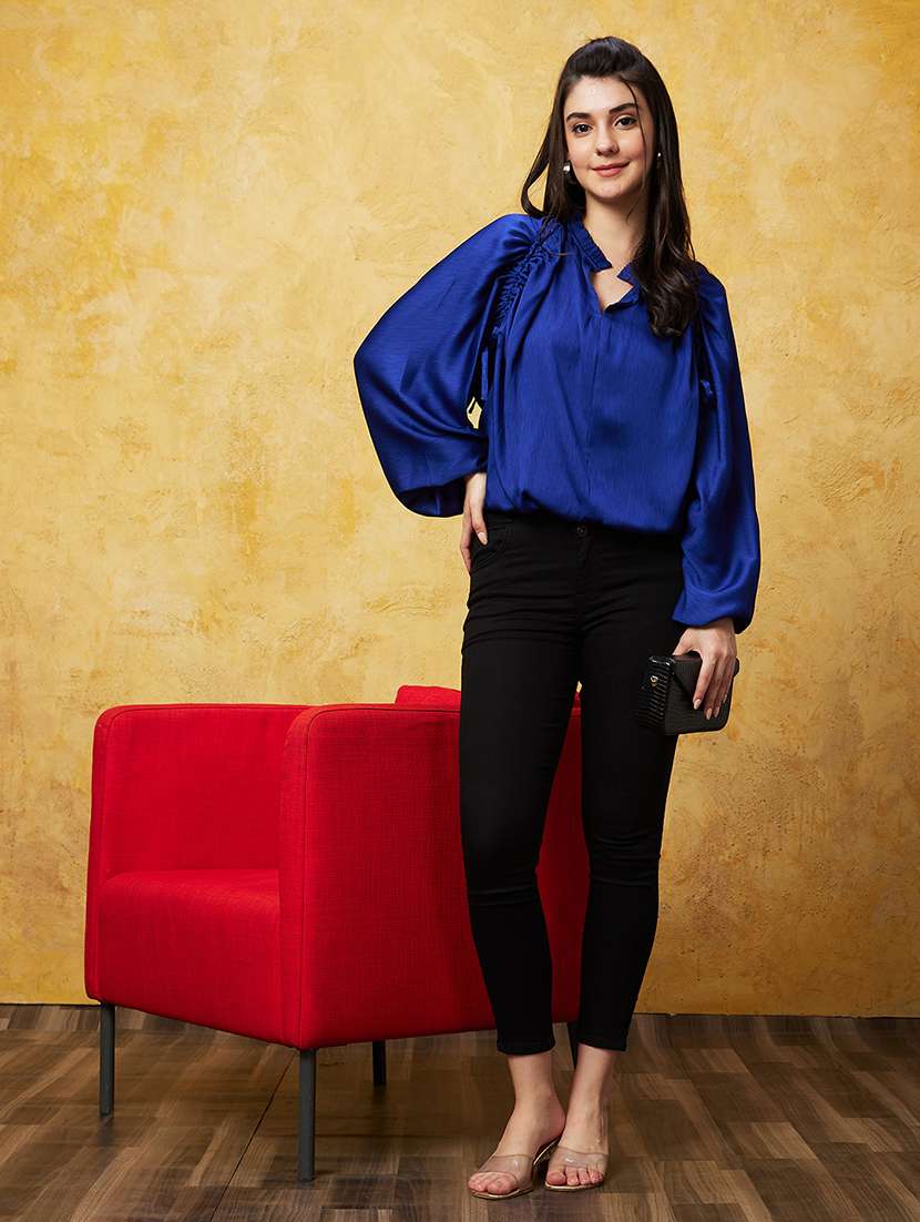 globus women blue frilled mandarin neck bishop sleeves ruched party top - 20544782 -  Standard Image - 2