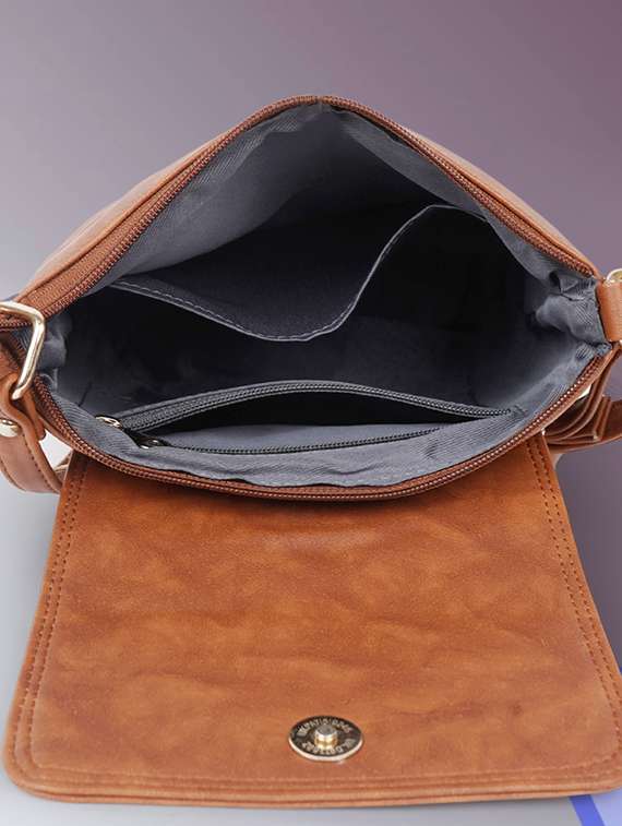 women tan brown leatherette flap detailed sling bag - 20546295 -  Standard Image - 2