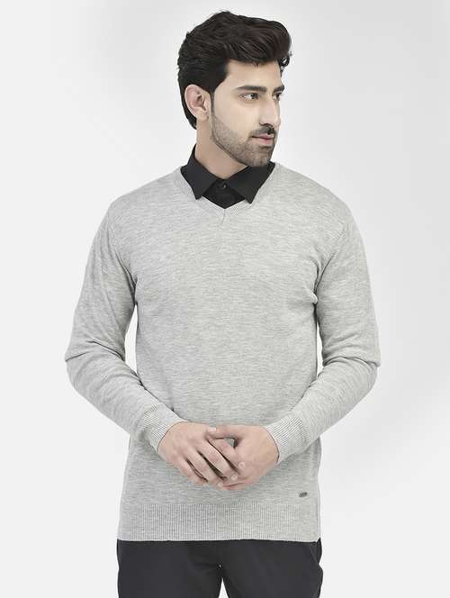 men solid grey v-neck pullover - 20546959 - Standard Image - 0