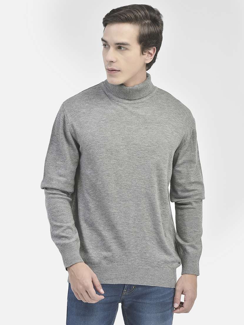 men solid grey turtle neck pullover